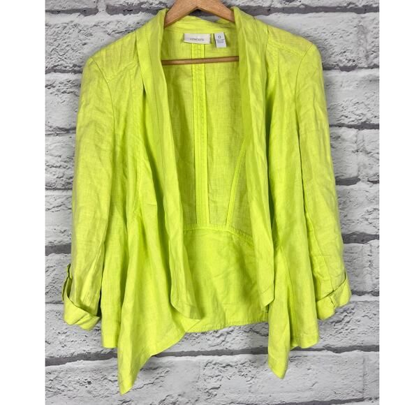 CHICO'S Women's S Lime Green 100% Linen Flyaway Francesca Roll Tab Open Jacket - Picture 3 of 8